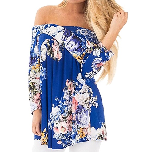Blue Off Shoulders Floral Print Wrap Tunic Blouse - Picture 2 of 5